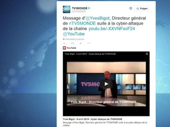 Ein Screenshot aus Twitter des französischen Senders TV5 Monde verweist auf eine Videobotschaft des Generaldirektors zum Hackerangriff auf den Sender. Foto: Twitter/Screenshot