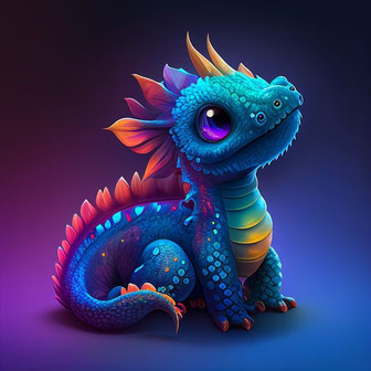 Freies Foto von Pixabay. Vor blau-lila Hintergrund sitzt ein niedlicher kleiner, blauer Drachen. Auf dem Rücken hat er rote Zacken, die Schuppen an der Brust sind blau-grün-gelb. Er guckt sehr freundlich. 