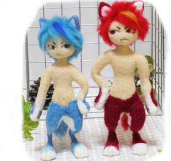 羊毛フェルト 半獣の火狼&水狼