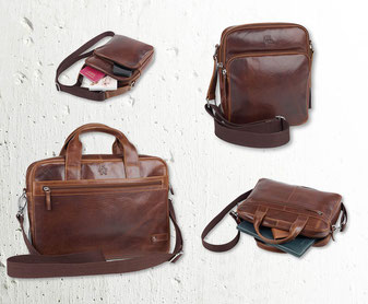 Männer Handtaschen aus Leder in Braun welche in verschiedenen Positionen und Modellen gezeigt wird