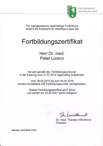 Fortbildungszertifikat Dr. Peter Lorenz Anästhesist Narkosearzt ambulante Anästhesie Bünde Bad Oeynhausen