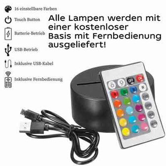 Die kostenlose LED Basis für Acryl Gravuren mit 16 Farben Fernbedienung für Ihre personalisierten Motiv, Foto und Bild Lampen