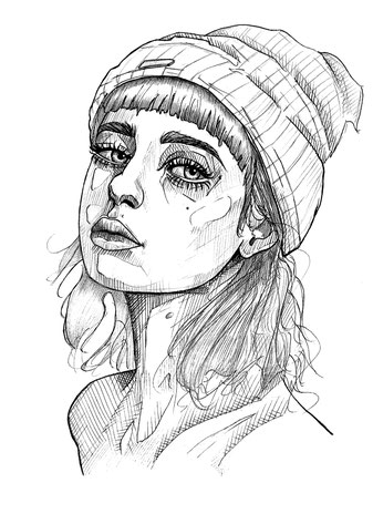 Kunstdruck gezeichnetes Damen Portrait - Tattoo Art