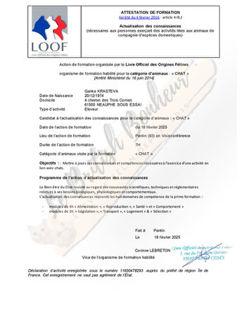 Attestation de formation "Actualisation des connaissances" 