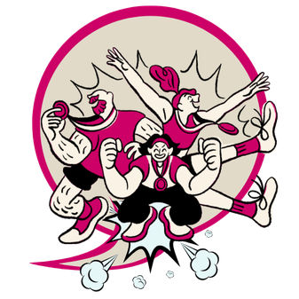 Comic-Illustration von drei sportlichen Figuren mit Medaillen in Siegerpose – Symbol für den Team Booster.