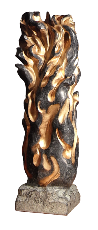 Flamme als Skulptur aus Stein, Feuerstein, Flamme aus Diabas. Darstellung einer Flamme aus schwarzem Diabas Gestein.
