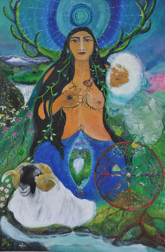 "Mari, la Gran Dama," hilando un vellón de lana de su compañero Ahari. Su rueca, en eterno movimiento, mantiene activos los ciclos de regeneración de la vida. Al fondo, la tela de araña como imagen arquetípica del laberinto. Pintura de Paz Treuquil.