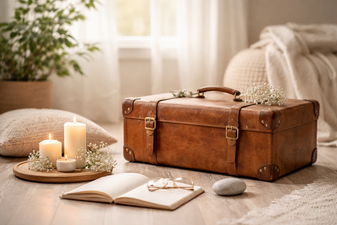 Suitcase, candles and journal symbolising bringing personal difficulties into therapy and working through them in a calm space