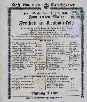 Theaterzettel eines Stücks Nestroys aus 1848