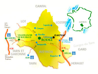 Gagnac situé sur une carte de l'Aveyron puis sur celle de la France