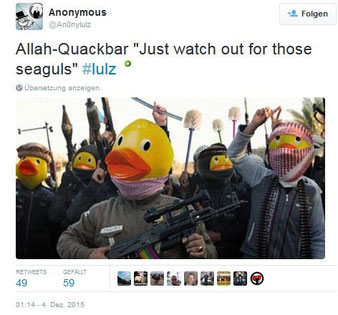  DAESH mit Klobürsten und Entengesichtern. Twitter-Anonymous: Allah-Quackbar. Screenshot: Helga Karl 4.Dez.2015
