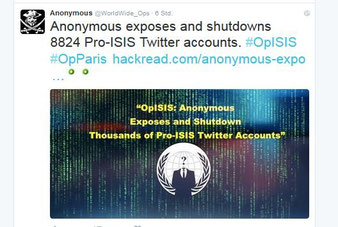 Hackernetzwerk Anonymous bei Twitter. Screenshot Helga Karl 18.11.2015