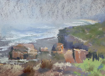 Jubilee Point, Sorrento, Mornington Peninsula. Water. Cliffs, Mist. Rocks, Small Painting. 23x18cm.
