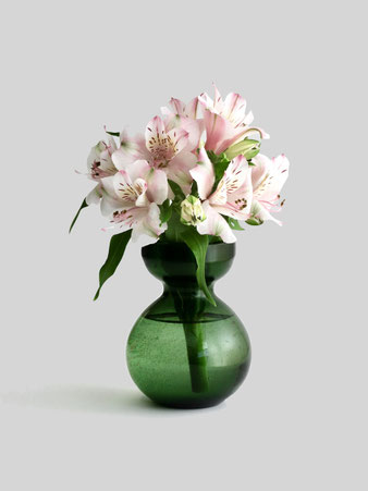 丸みのあるフォルムが印象的なグリーンガラスの花器。水耕栽培にも適したデザインで、小さな植物やブーケを美しく飾ることができます。シンプルで空間に馴染む、ミニマルなガラスベースです。