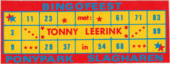 Een bingokaart van het 'Bingofeest met Tonny Leerink', jaren '80. 