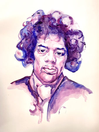 Waterverfschilderij van een man met een volle bos krullen, geschilderd in paarse en roze tinten, met expressieve penseelstreken en een zachte, dromerige uitstraling.