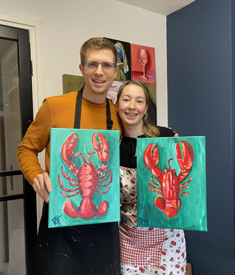 Samen lachen en schilderen tijdens een originele creatieve date in Breda, een schilderworkshop.