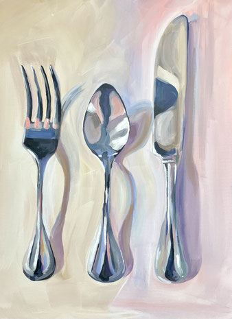 Aantrekkelijk en sfeervol schilderij van glimmend bestek voor een betaalbare prijs. Een uniek kunstwerk perfect voor de keuken, eetkamer of woonkamer. 