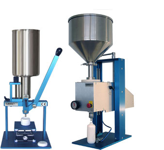 On the left GRISONA MA, manual filler and on the right GRISONA STP semi-automatic filler operated with compressed air.