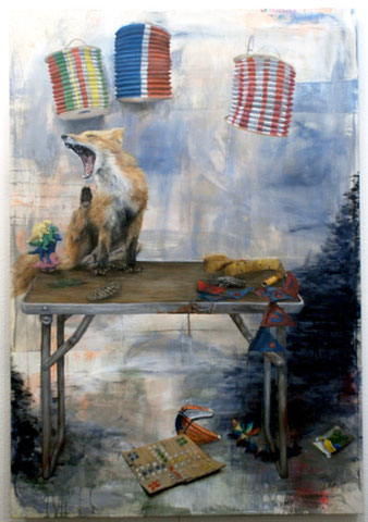 RE-SAD (the silent slaughter of us killing each other) . 2021 . 180x125 . oil on fabric scraps
