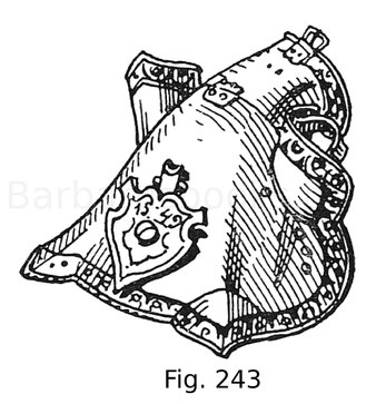 Fig. 243. Halbe Rossstirn, sogenannte Klepperstirn, von einer Harnischgarnitur König Ferdinands I. mit geätzten und vergoldeten Rändern. Auf dem Stirnschildchen findet sich der österreichische Bindenschild und die Jahreszahl 1549. Deutsche, vermutlich Aug