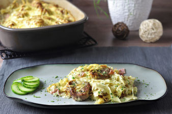 Amsterdamer Fleischtöpfchen mit Bandnudeln überbacken in der Ofenhexe vom Pampered Chef Onlineshop bestellen