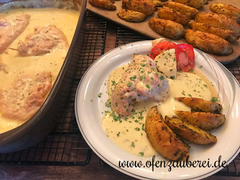 Cordon Bleu mit Kartoffel-Wedges auf dem Zauberstein und der Ofenhexe oder dem Ofenzauberer von Pampered Chef im Onlineshop bestellen
