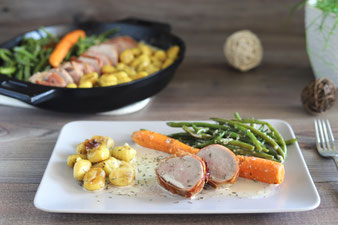 Gnocchi mit Schweinefilet und Bohnen sowie Karotten aus der 30 cm gusseisernen Pfanne von Pampered Chef