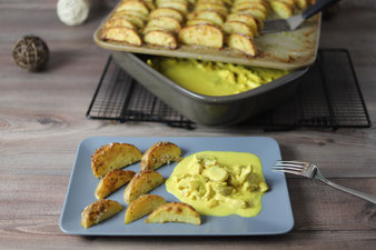 Putengeschnetzeltes Putencurry Currygeschnetzeltes aus der Ofenhexe mit Parmesan-Kartoffel-Wedges vom Zauberstein, Grundset im Pampered Chef Onlineshop