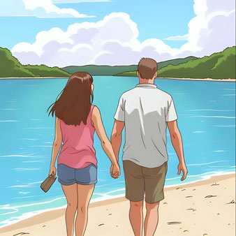 A young couple walks hand in hand on the beach.