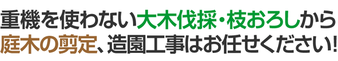 重機を使わない大木伐採・枝おろしから庭木の剪定、造園工事はお任せください。