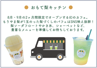 おもて梨キッチン　8月、9月の2ヶ月間限定でオープンする幻のカフェ・もりやま梨が1玉乗った梨尽くしのパフェはSNS映え抜群！　梨ソーダフロートやかき氷、シャーベットなど、豊富なメニューを準備してお待ちしております。