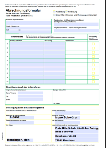 Abrechnungformular der Berufsgenossenschaften