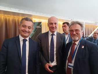 Gerald DARMANIN, ministre de l'Intérieur et des Outre-Mer, Luc GUILMIN, Président du GES et Paul CHARLES, Président de CANIDEA