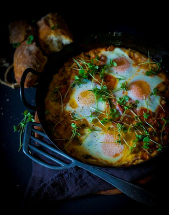 Shakshuka, Frühstückspfanne, Pfannengericht, Frühstück, Eier, Eiergerichte, Eierpfanne, Eintopf