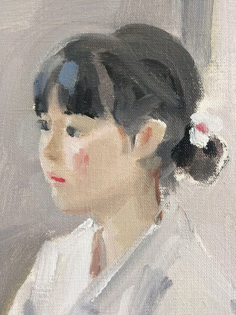 初めての浴衣 6号油彩(描画中、部分)