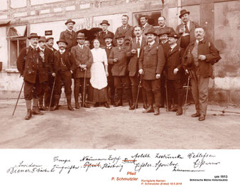 Mitglieder des Gebirgsvereins für die Sächsische Schweiz - Sektion Radeberg. Exkursion zur "Böhmischen Mühle" Hinterdaubitz / Kirnitzschtal am 23./24. August 1913. Theodor Arldt hinten 3. v.r.