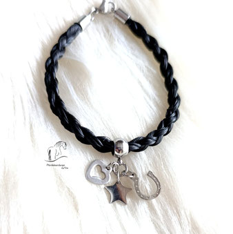 Pferdehaararmband mit Charm`s Hufeisen, Stern, Herz aus Edelstahl
