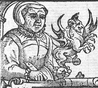 Hexe mit drachenähnlichem Wesen. Pamphlet von 1579: "A rehearsall both straung and true...". University of Michigan Library: http://name.umdl.umich.edu/A12973.0001.001