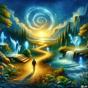 Illustration d'un paysage onirique où un individu marche vers un vortex lumineux dans le ciel nocturne, entouré de silhouettes spirituelles et d'une nature luxuriante avec des cascades et une végétation abondante, symbolisant un parcours de développement 