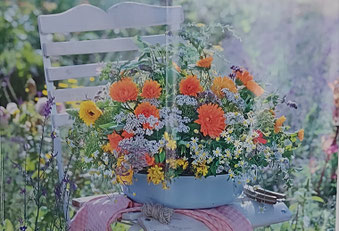 Foto: Bild an der Praxistür von Sibylle Laabs mit vielen bunten Kräutern und Blumen in einem Topf gepflanzt stehend auf einem weißem Stuhl