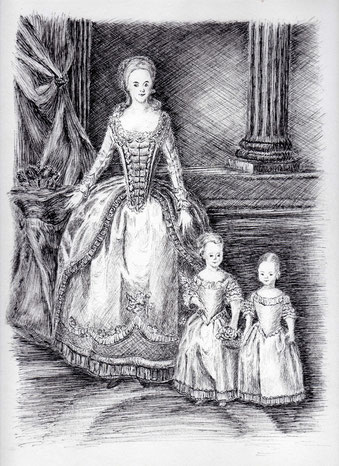Herzogin Anna Dorothea von Kurland mit ihren Töchtern, Tuschezeichnung