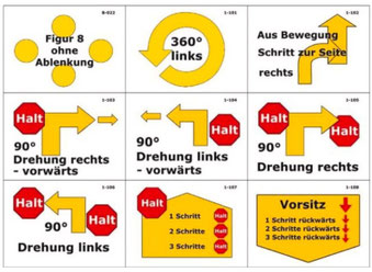 Neun gelbe und rote Piktogramme mit Pfeilen und Texten zu Bewegungsanweisungen, darunter 'Figur 8 ohne Ablenkung', '360° links', 'Aus Bewegung Schritt zur Seite rechts', 'Halt' auf roten Stoppschildern und Anweisungen zu 90°-Drehungen und Rückwärtsschritt