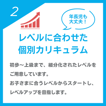 年長児も 大丈夫！「レベルに合わせた個別カリキュラム」初歩～上級まで、細分化されたレベルをご用意しています。お子さまに合うレベルからスタートし、レベルアップを目指します。