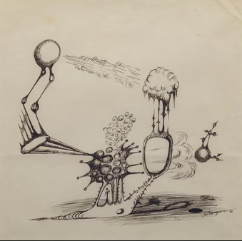 Robert BENAYOUN (1926-1996) Composition surrealiste, 1952 Encre sur papier, signée et datée en bas à droite, légère pliure au milieu 20 x 20 cm, expose à la galerie agnes thibault 