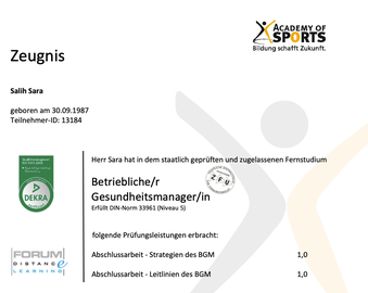 Salih Sara BGM Zeugnis Abschlussnote 1,0 Betriebliches Gesundheitsmanagement