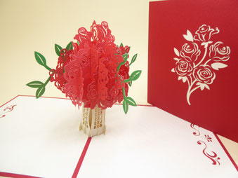 Carte Pop-Up bouquetée roses rouges - Carte kirigami roses rouges - Carte Saint Valentin - Faire-part Mariage