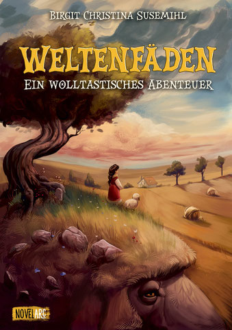 Ein Mädchen und ein junges Schaf stehen auf einem grasbewachsenen Hügel unter einem knorrigen Baum. Sie blicken über abgemähte Getreidefeldern. Die Strohballen erinnern an Wollknäuel. Der Hügel sieht aus wie der Kopf eines Widders.