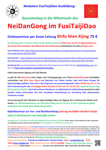 Durch eine Mail an mich kann man das Einführungsseminar und den 1. Block als Aufzeichnung für Kursgebühr noch nachholen.
