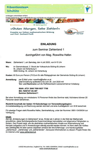 inladung zum ersten regulären Seminar "Zahlenland 1" an der Volksschule St. Johann. Organisiert über den Verein Schultüte.